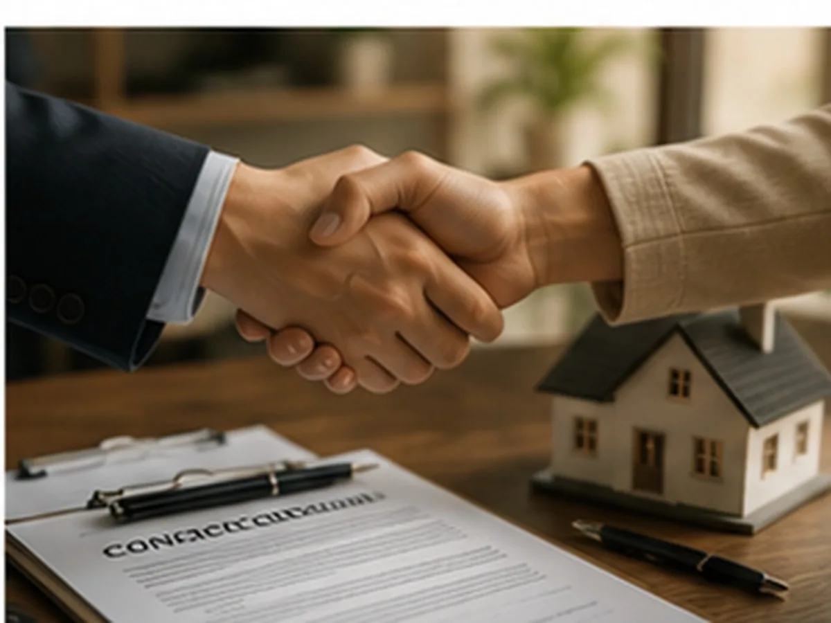 Consórcio no divórcio: como fica a cota | Consórcios Dourados Aperto de mãos sobre prancheta com contrato de consórcio, caneta e maquete de casa, acordo sobre a cota de consórcio no divórcio