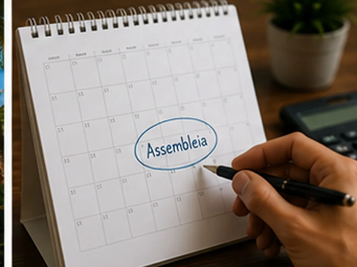 Sorteio do consórcio | Consórcios Dourados Mão com caneta circulando a palavra assembleia num calendário de mesa, com calculadora e planta ao fundo