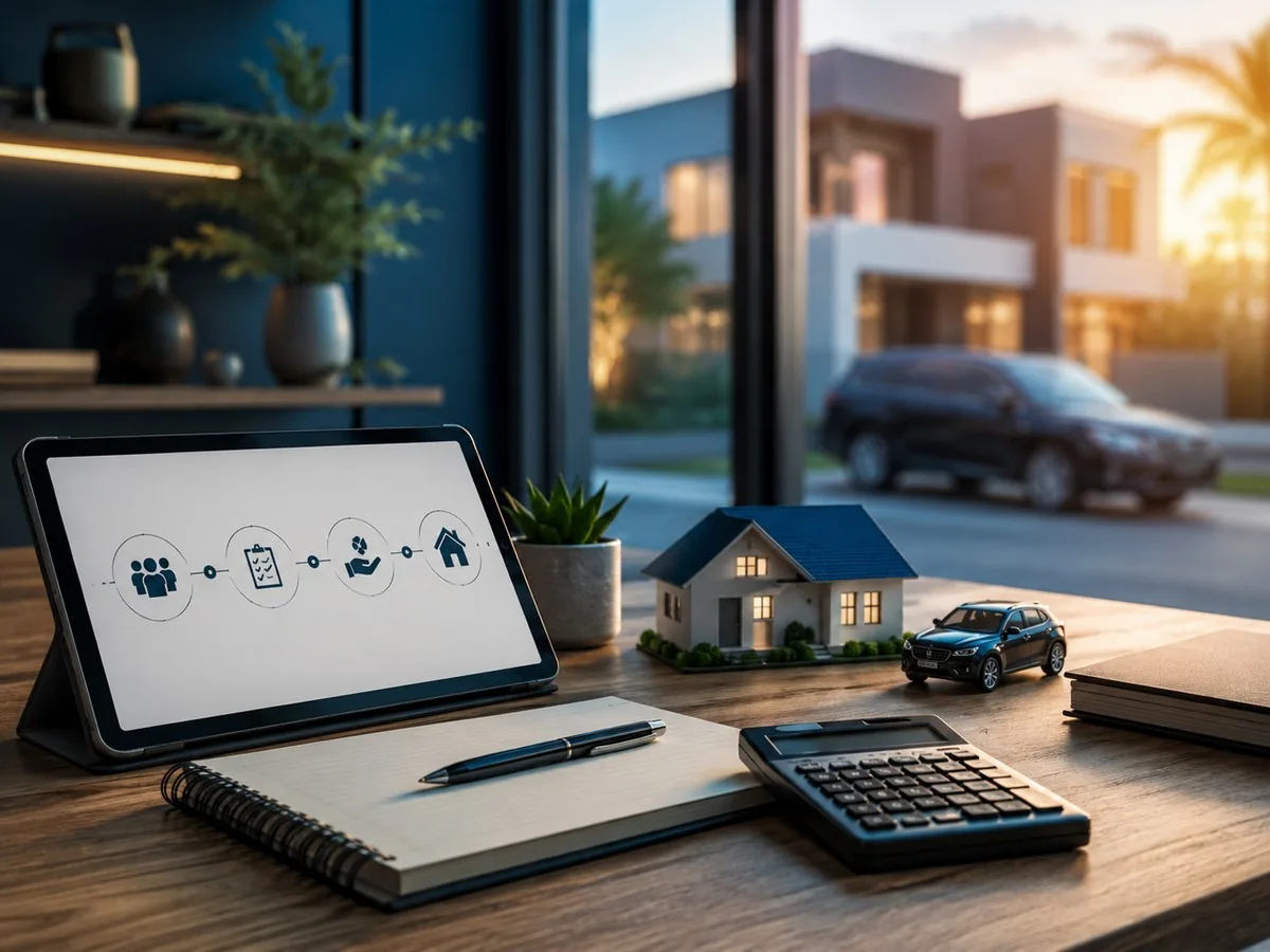Como funciona o consórcio | Consórcios Dourados Tablet com ícones de grupo, contrato e casa sobre a mesa, com miniaturas de casa e carro, calculadora e casas com SUV ao fundo