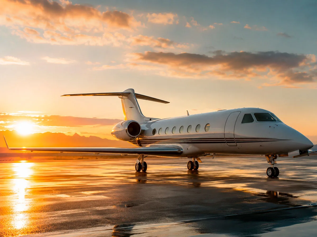 Jato executivo estacionado na pista ao pôr do sol: Consórcio de Aeronave, em Dourados e Mato Grosso do Sul