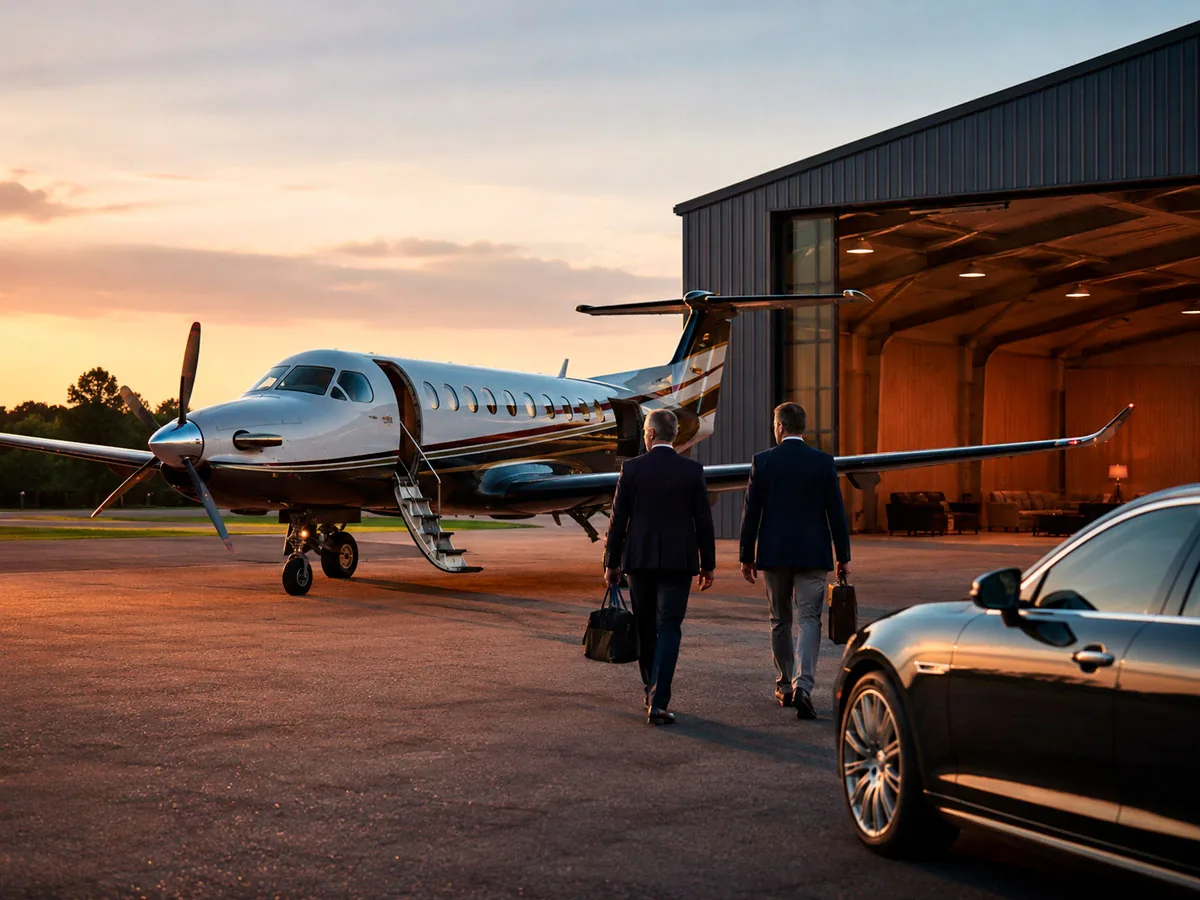Avião turboélice executivo em frente ao hangar ao entardecer: Consórcio de Avião, em Dourados e Mato Grosso do Sul