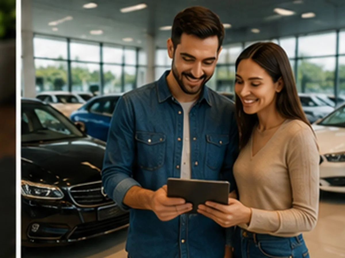 Casal sorridente consulta um tablet dentro de concessionária com carros expostos, representando a escolha de veículo com carta de crédito