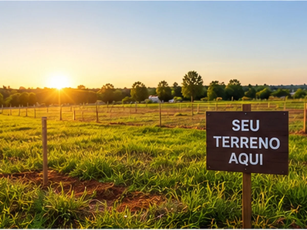 FGTS no consórcio de terreno | Consórcios Dourados Terreno gramado com cerca de arame e placa escrita Seu terreno aqui, ao nascer do sol