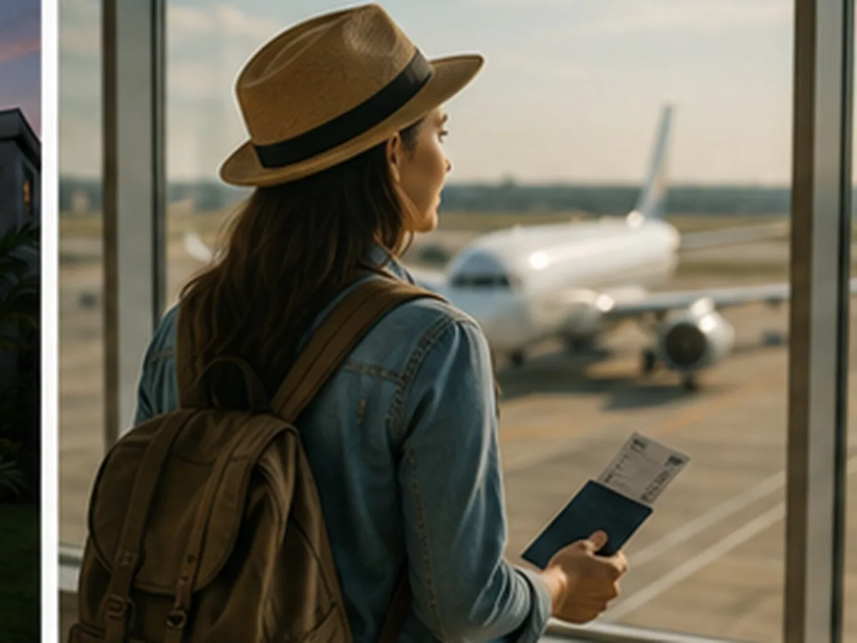Consórcio para brasileiro no exterior | Consórcios Dourados Mulher de chapéu e mochila segurando passaporte e cartão de embarque diante da janela de um aeroporto com avião na pista