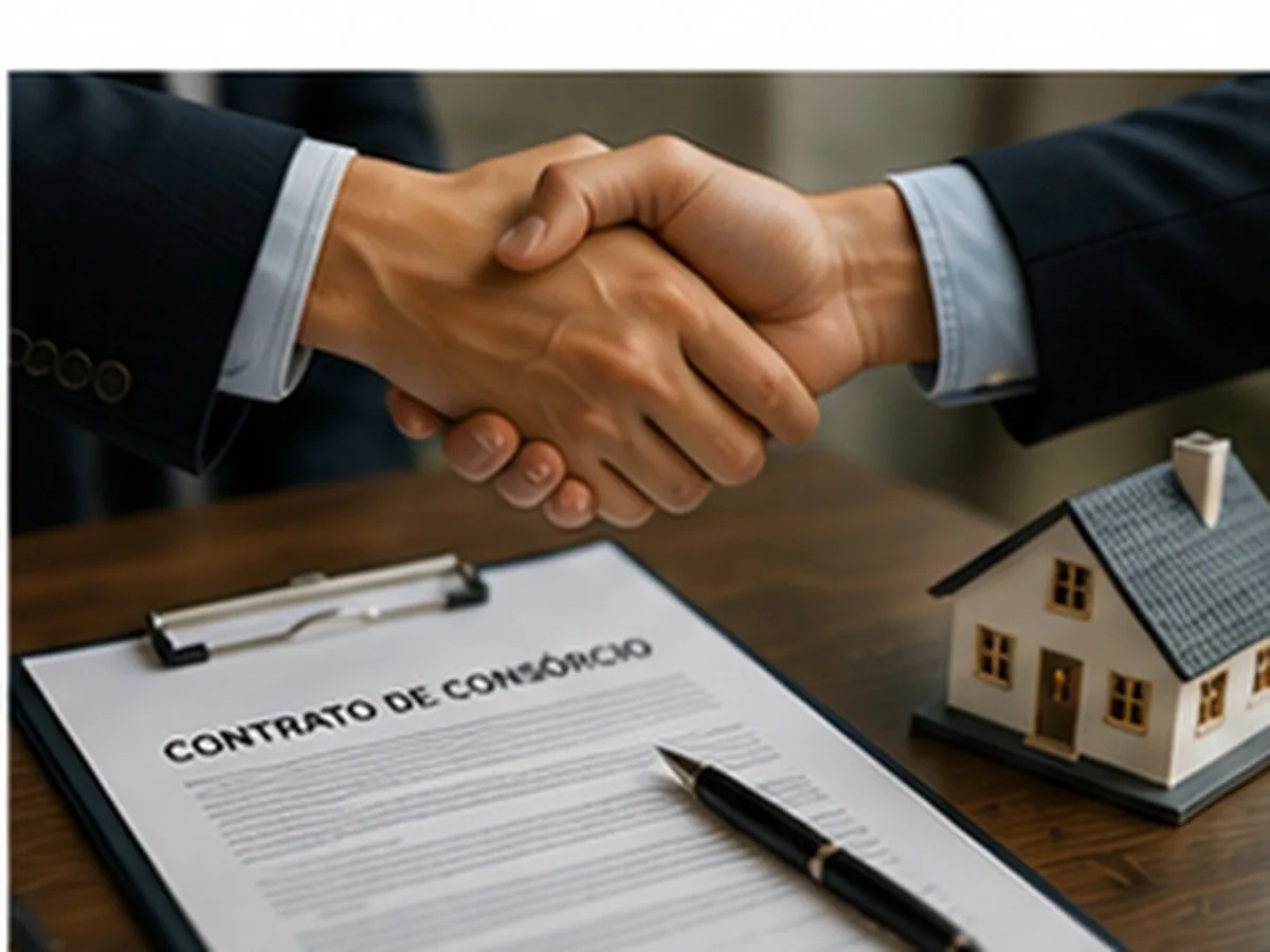Quem pode usar FGTS no consórcio | Consórcios Dourados Aperto de mãos sobre uma prancheta com contrato de consórcio, caneta e miniatura de casa na mesa