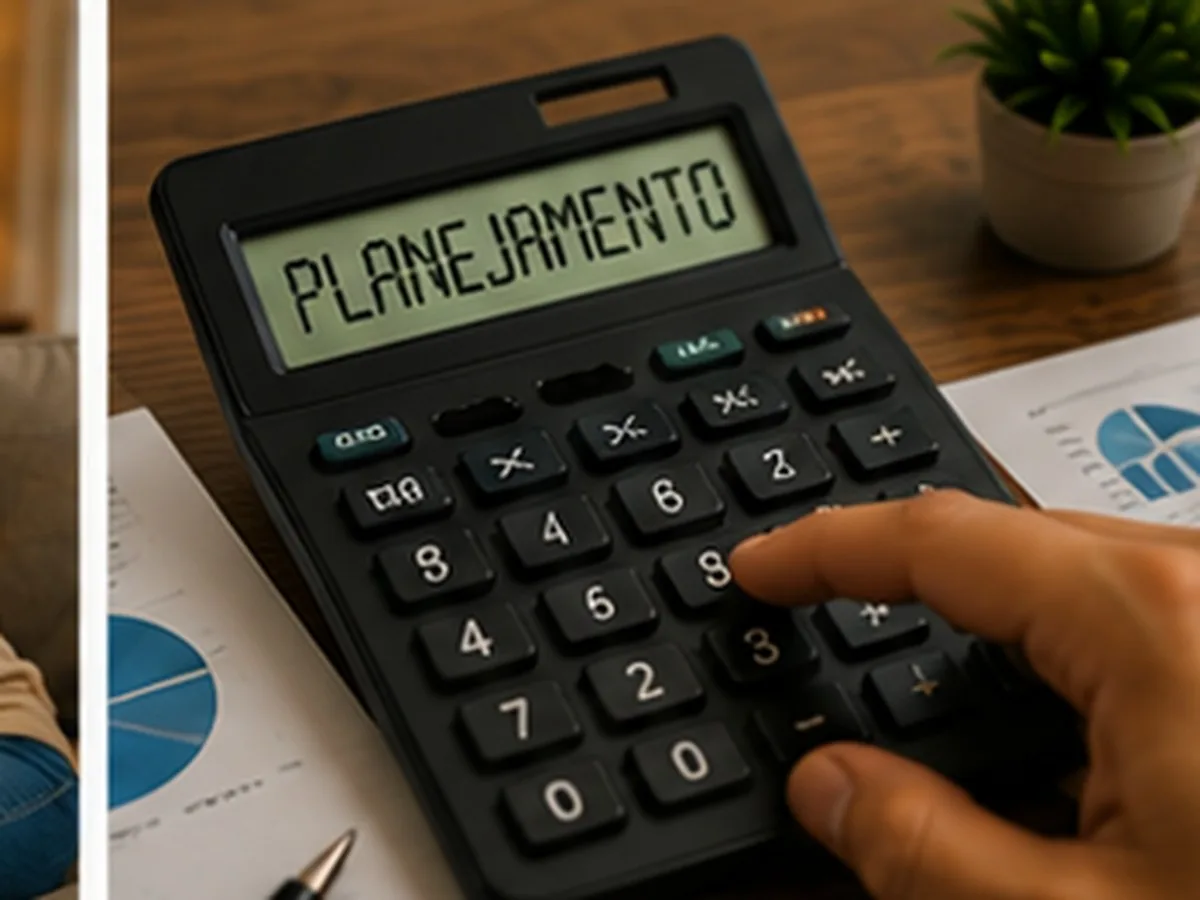 Fundo comum do consórcio | Consórcios Dourados Mão usando calculadora com a palavra planejamento no visor, ao lado de papéis com gráficos de pizza e um vaso de planta