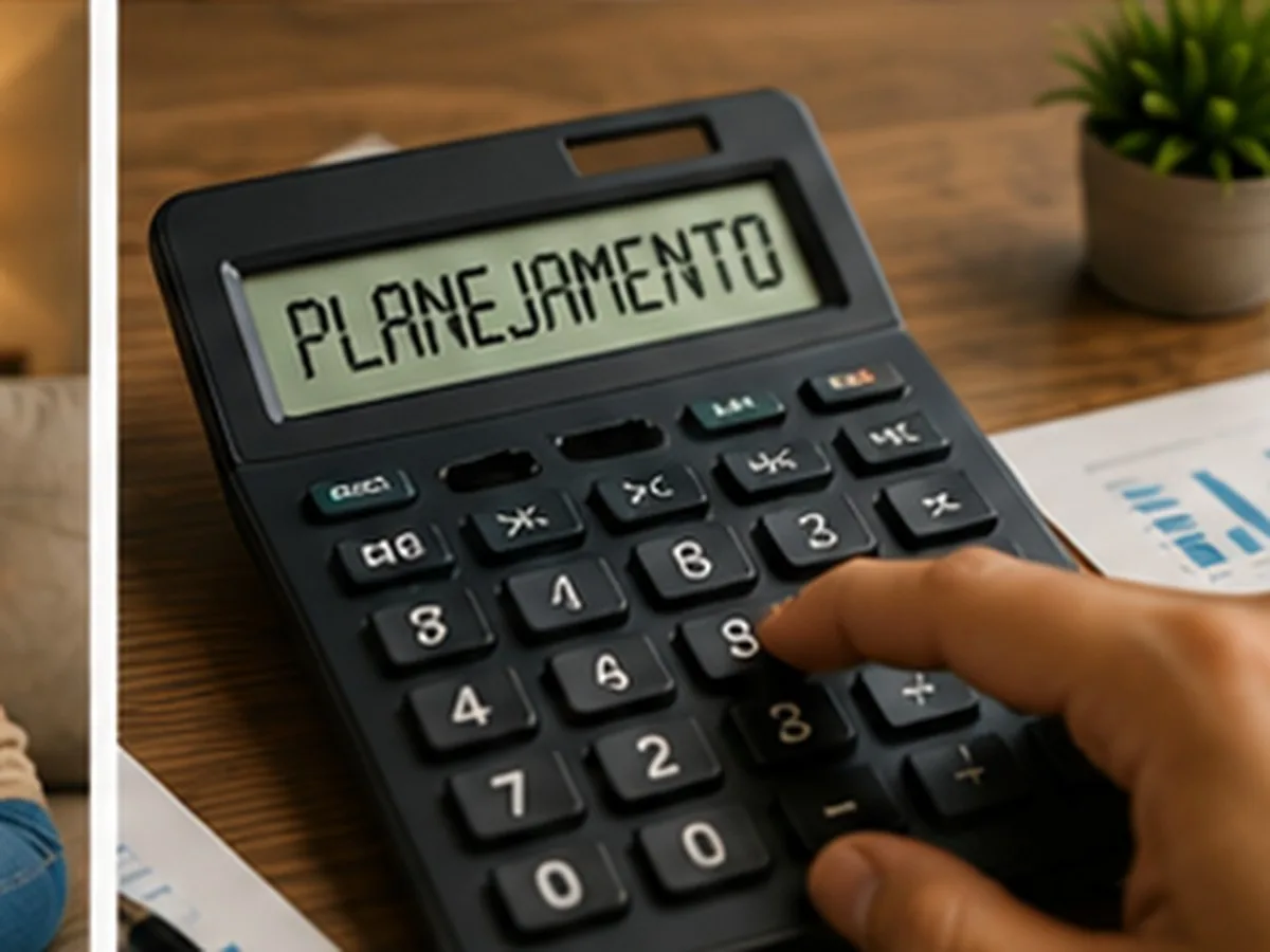 Consórcio com parcela reduzida | Consórcios Dourados Mão digitando em calculadora com a palavra planejamento no visor, sobre mesa de madeira com papéis e um vaso de planta