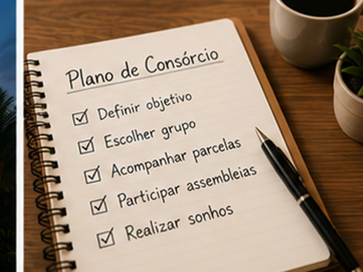 Glossário do consórcio | Consórcios Dourados Caderno aberto com a lista plano de consórcio: definir objetivo, escolher grupo, acompanhar parcelas, participar de assembleias