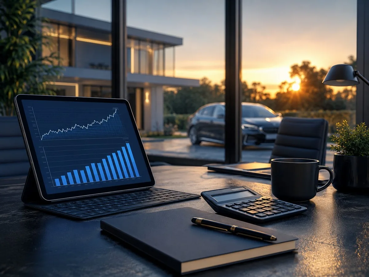 Lance com FGTS no consórcio | Consórcios Dourados Mesa com tablet exibindo gráfico, calculadora e caderno diante de uma casa moderna com carro na garagem ao pôr do sol
