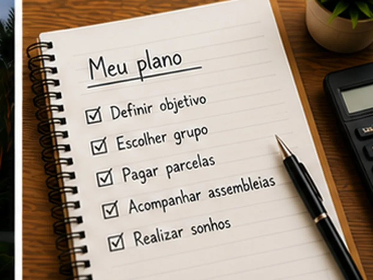 Antecipar parcelas do consórcio | Consórcios Dourados Caderno com lista manuscrita intitulada meu plano, com itens marcados como pagar parcelas e acompanhar assembleias, plano para antecipar parcelas do consórcio