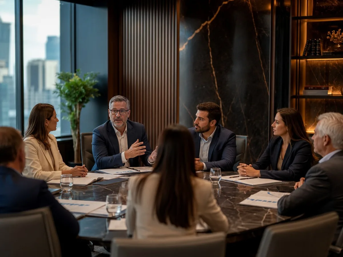 Trocar de grupo de consórcio | Consórcios Dourados Grupo de pessoas reunidas em torno de uma mesa de reunião em escritório com vista para prédios, conversa sobre trocar de grupo de consórcio